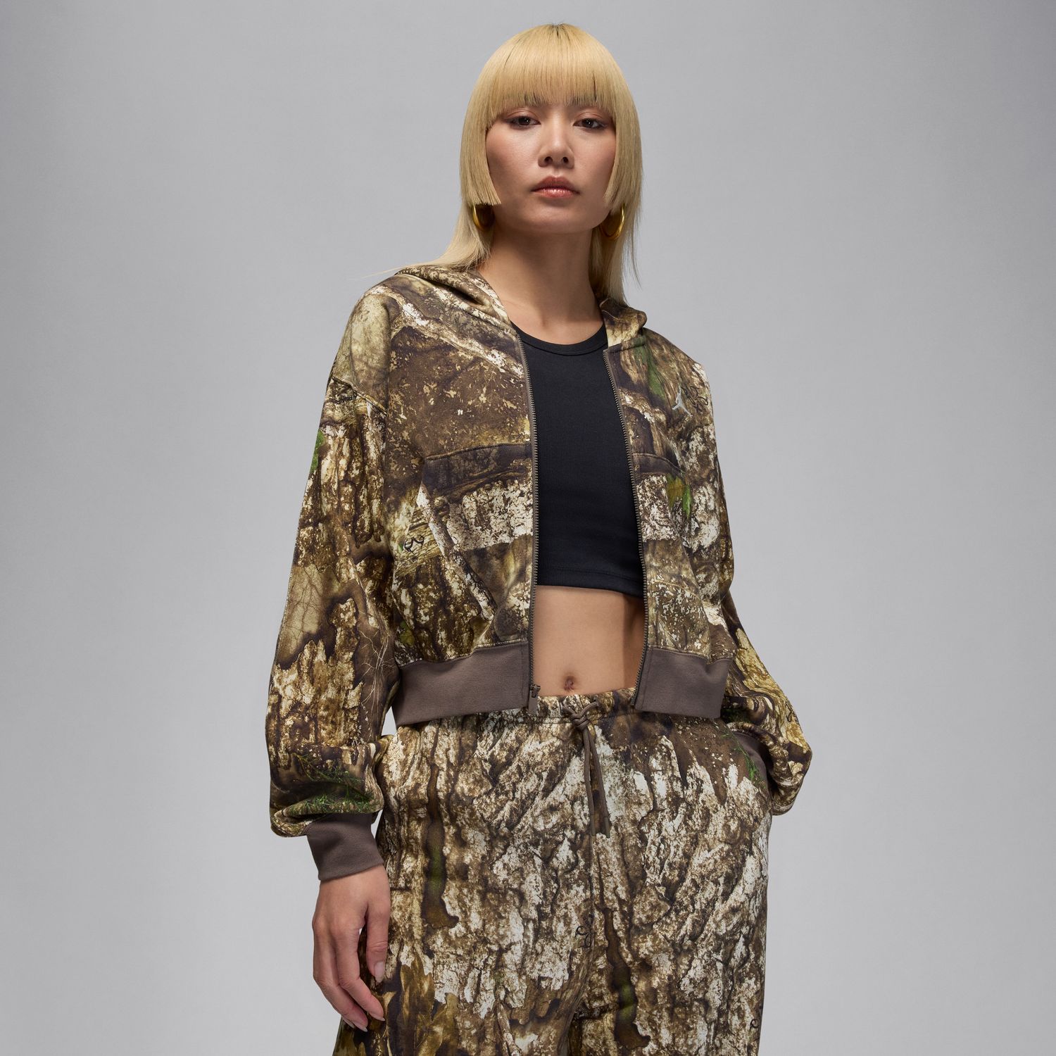 Jordan Brooklyn Fleece Wmns Realtree Mod Crop Full-Zip Hoodie - Dámské - Mikina Jordan - Hnědé - HV0469-133 - Velikost: XS