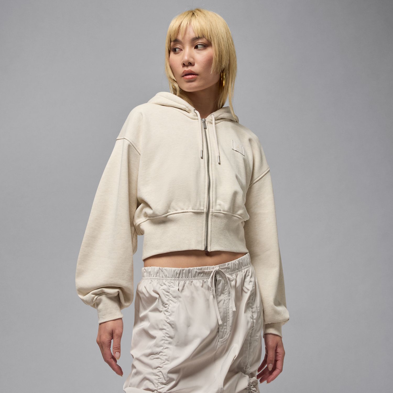 Jordan Flight Fleece Wmns Cropped Satin-Lined Hoodie Rattan - Dámské - Mikina Jordan - Bílé - IB9863-104 - Velikost: L