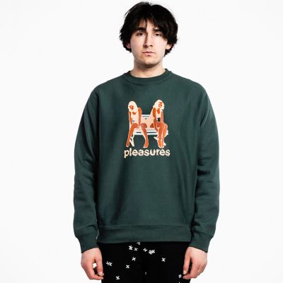 Pleasures Bench Premium Crewneck Pine Green - Zelené - Mikina