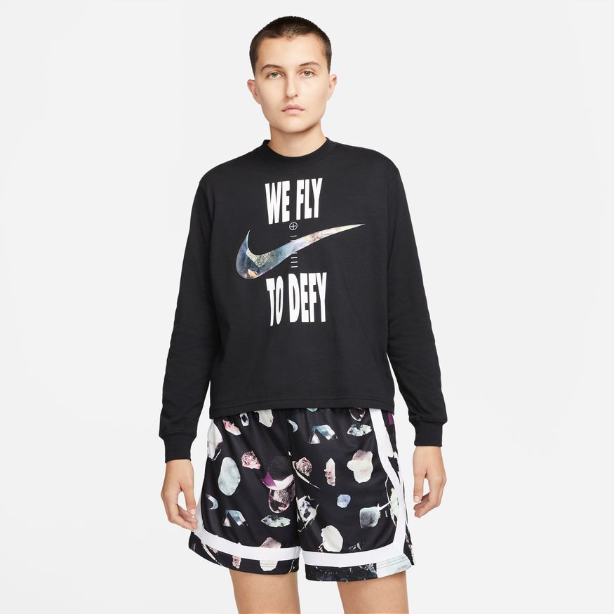 Nike Dri-FIT Swoosh Fly Wmns Boxy Long-Sleeve Tee - Dámské - Triko Nike - Černé - DX0726-010 - Velikost: M