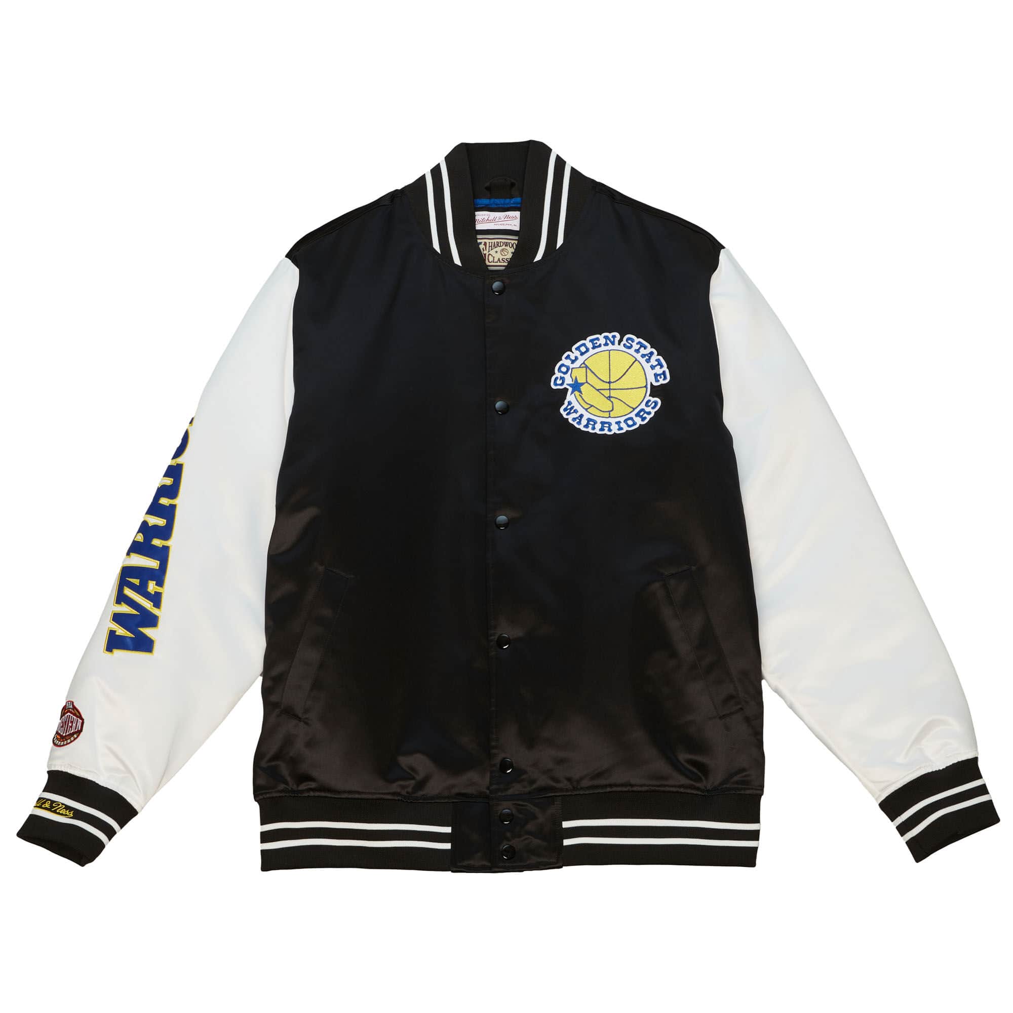 Mitchell & Ness NBA Golden State Warriors Team Origins Varsity Satin Jacket - Pánské - Bunda Mitchell & Ness - Černé - OJBF4854-GSWYYPPPBKWH - Velikos